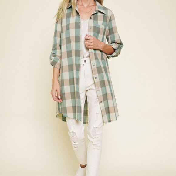 MYSTREE Plaid Button-Up Shirt Dress Shacket, Sage Green & Taupe Check Frayed Hem - Picture 7 of 7